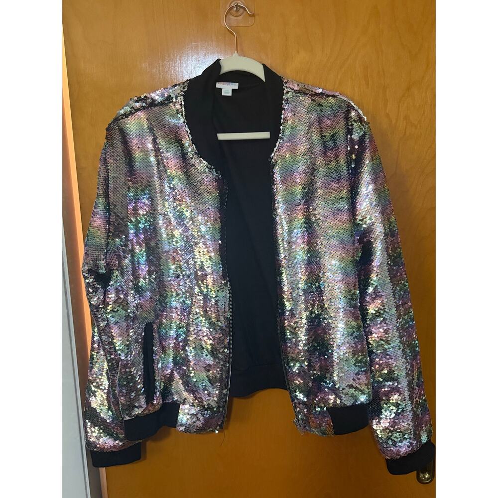 LuLaroe Stevie Rainbow Mermaid Sequin Bomber Jacket Sz. 2X